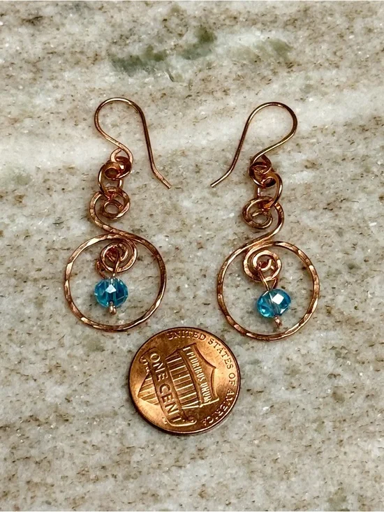 Artisan Copper Hoop Drop Earrings with Blue Topaz Crystal Accent - Picture 3 of 3